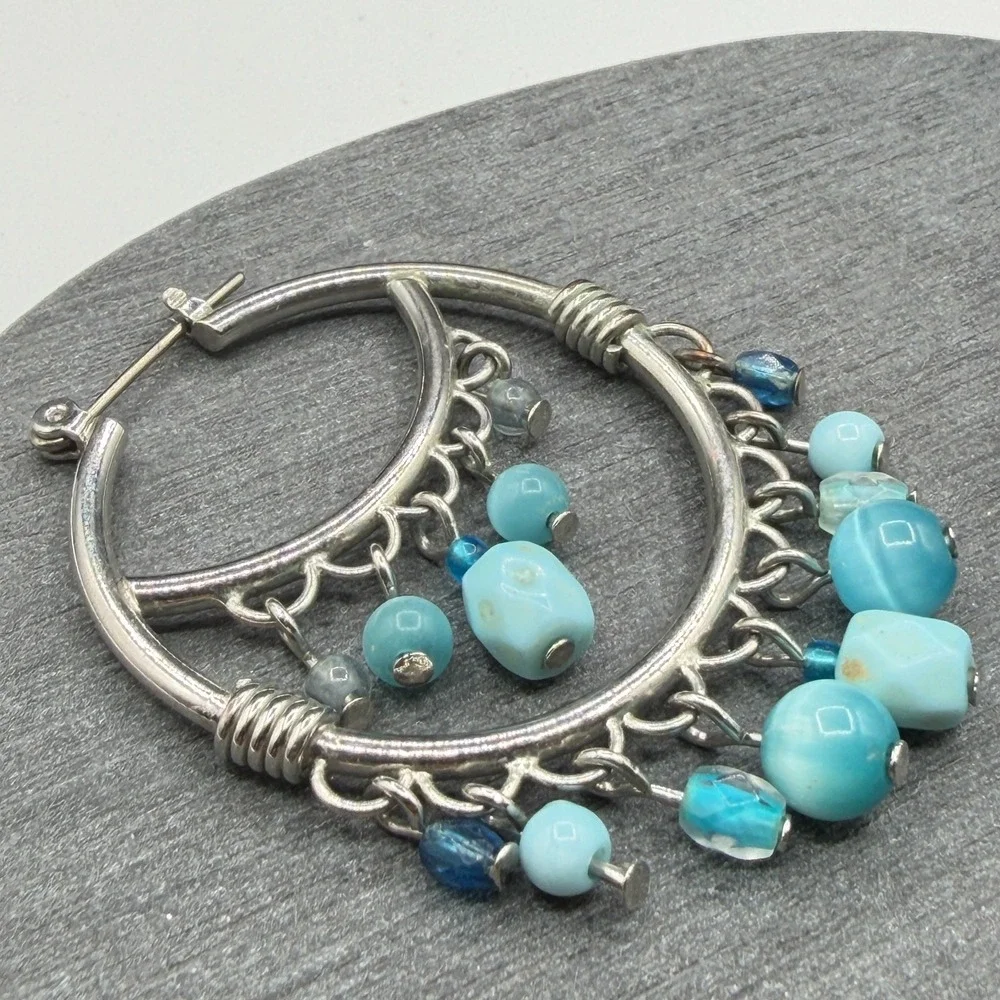 Silver Tone Turquoise Blue Beaded Chandelier Hoop Earrings Boho Statement Gift